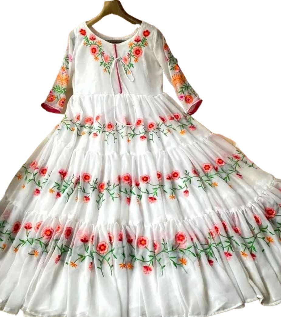 Multi-Embroidery Long Flair Maxi Dress - Chiffon with Inner Attached - Ready Made - Maxi Party Wear For Girls and Women