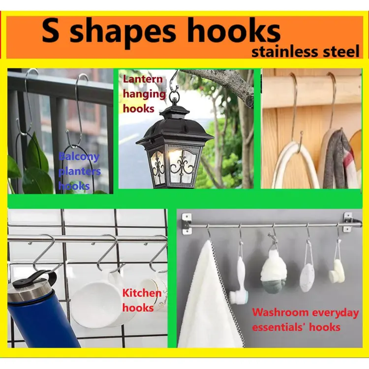 A Pack of 5 Small and 5 Large Size S shaped Stainless Steel Hooks