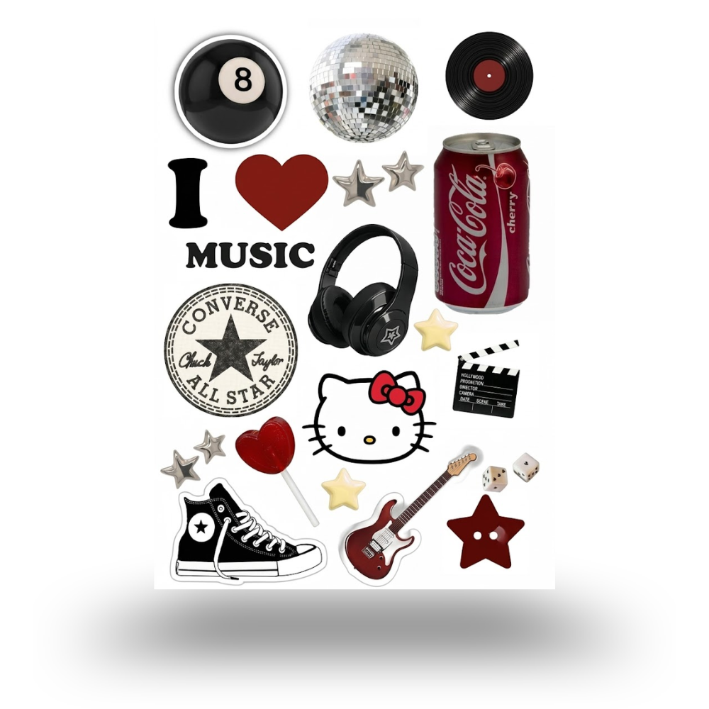 Red Aesthetic I Love Music Sticker Sheet | Journal Aesthetic Stickers - Uncut and A6 Sized (10x15cm) Art for Laptops, Journals, and More - Express Yourself Creatively for Girls and Boys