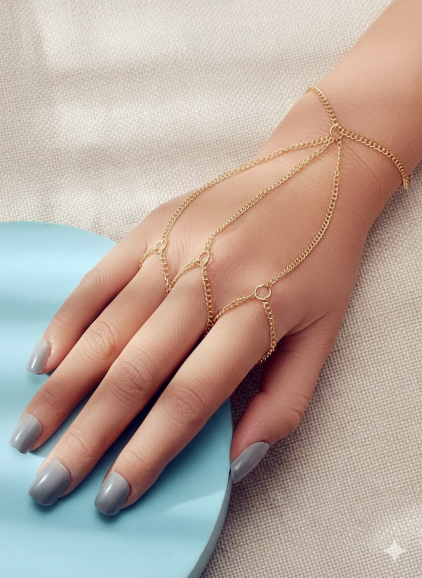 Gold Multi-Layer Hand Harness Ring Bracelet for Women | Bridal & Party Wear | Elegant Statement Jewelry