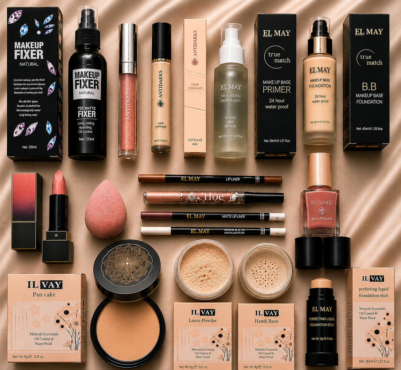 15Pcs Makeup Deal - Fixer + Lipgloss + Concealer + Primer + Foundation + Bullet Lipstick + Blender + 36H Liner + 2Pcs Pencil + 2 Nail Polish + Foundation Stick + Base + Loose Powder + Pan Cake