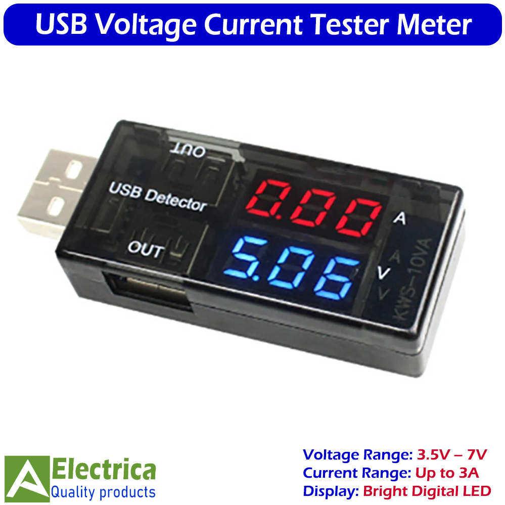 USB Current Voltage Tester Detector Voltmeter Ammeter Digital Measuring Tester with LED Display for Mobile, Power Bank, Charger & USB Devices by Electrica