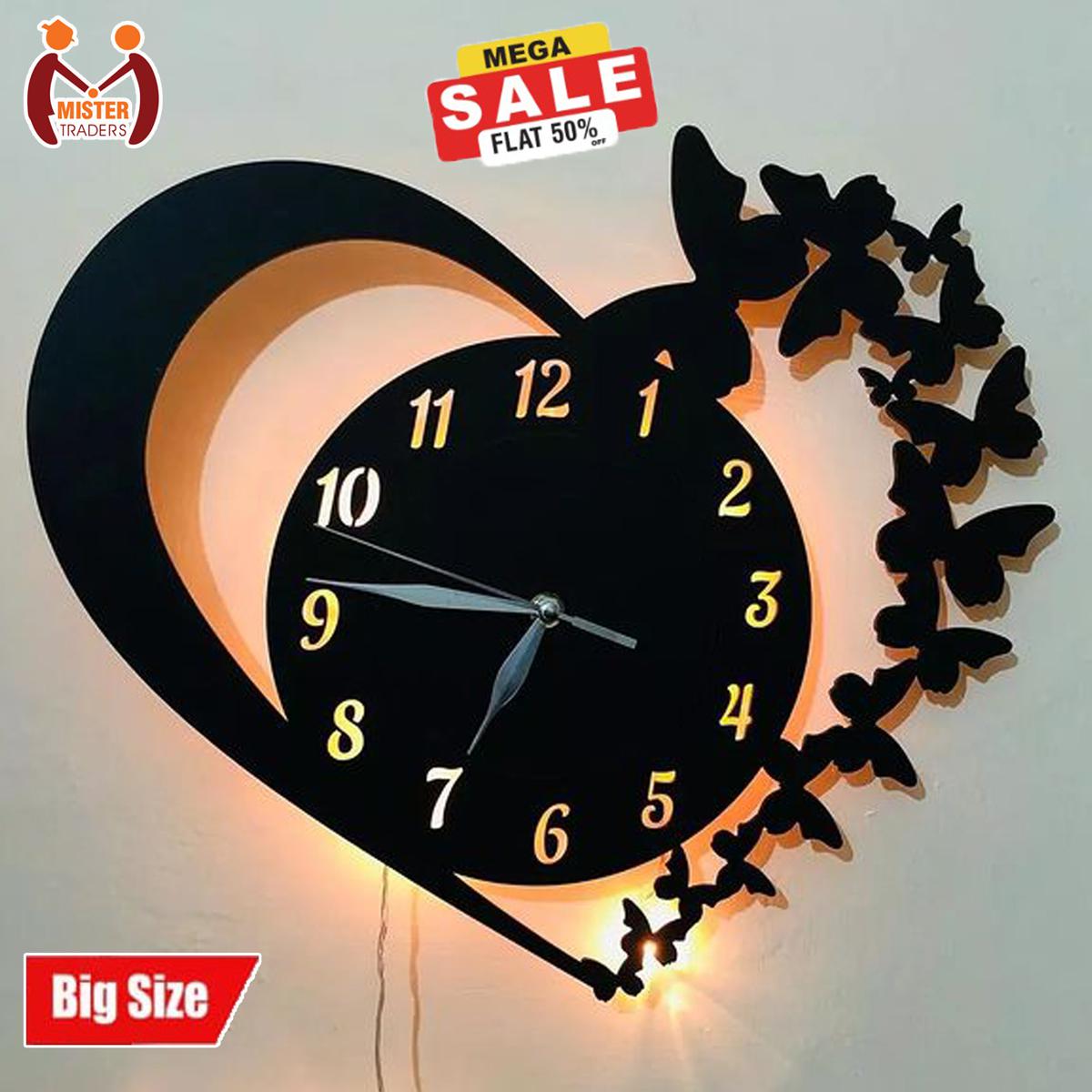 Heart Wooden Clock With Premium Light I The New Wooden Wall Clock Big Size I Wall Clock I Wooden Wall Clock I Wall clocks for bedroom I Wall Clocks for drawing room I Wooden Wall Clocks for bedroom