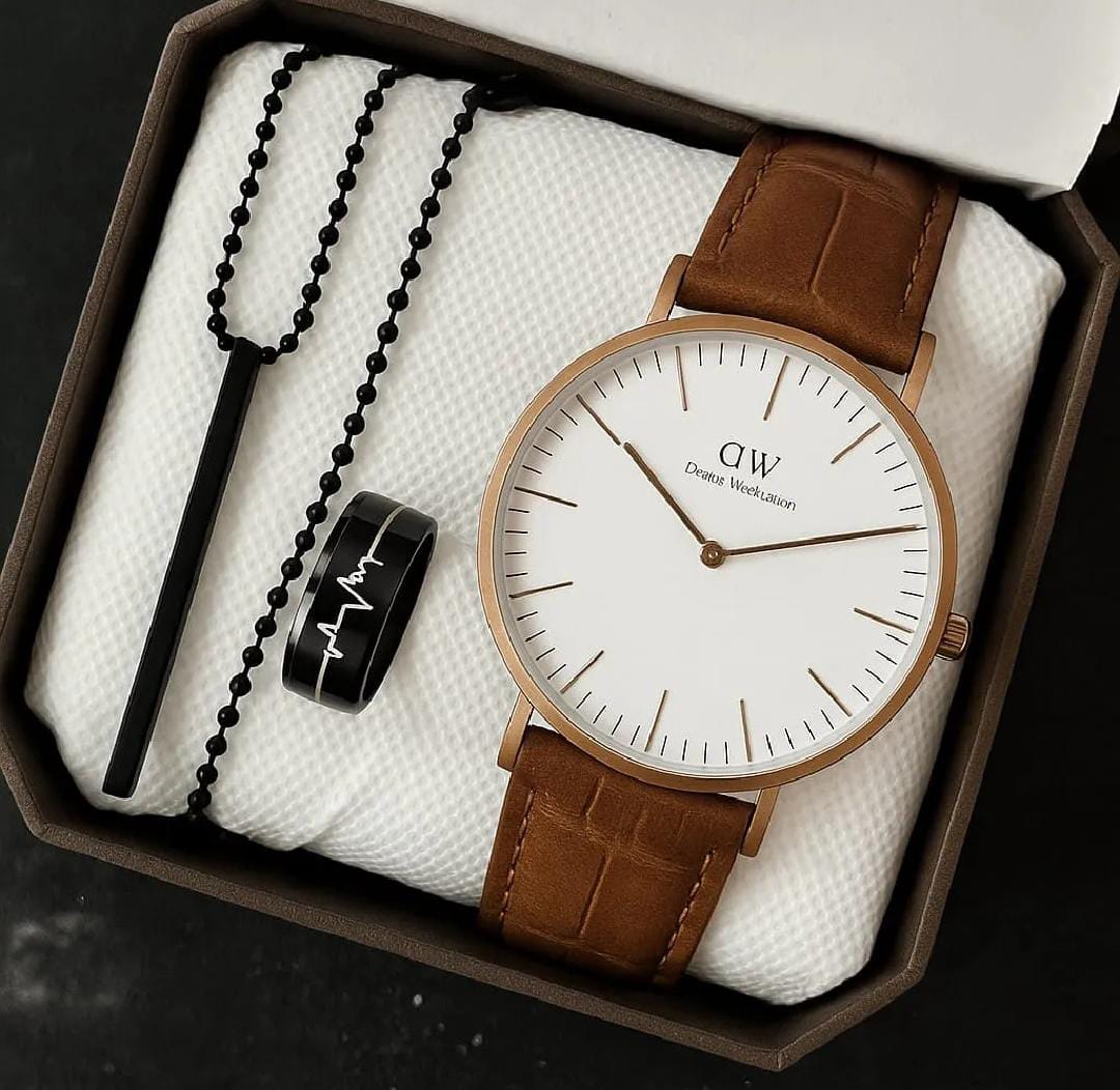 Pack Of 3 Top Fashion Men's Business Watch Deal -Elegant Mens Arabic Aura Watch Casual Watch +Heart Beat Ring+3D Bar Stick Locket-High Quality Business Watch In Random dial Design