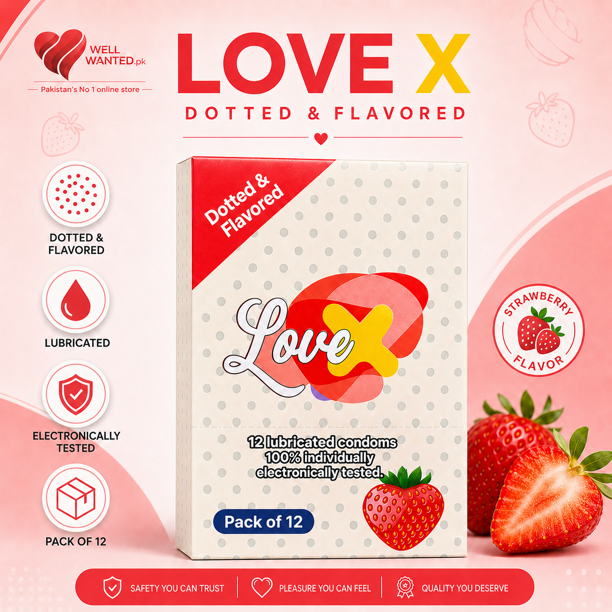 Love X Dotted & Strawberry Flavored Lubricated Condoms – Electronically Tested – 12 Pieces