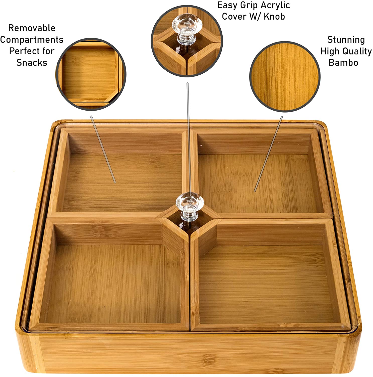 4 Compartments Bamboo Wooden Divided Serving Tray With Lid