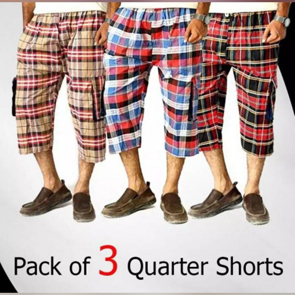 Pack of 3 - Summer Cotton Quarter Shorts For Men - With Two Side Pockets only - Multicolor