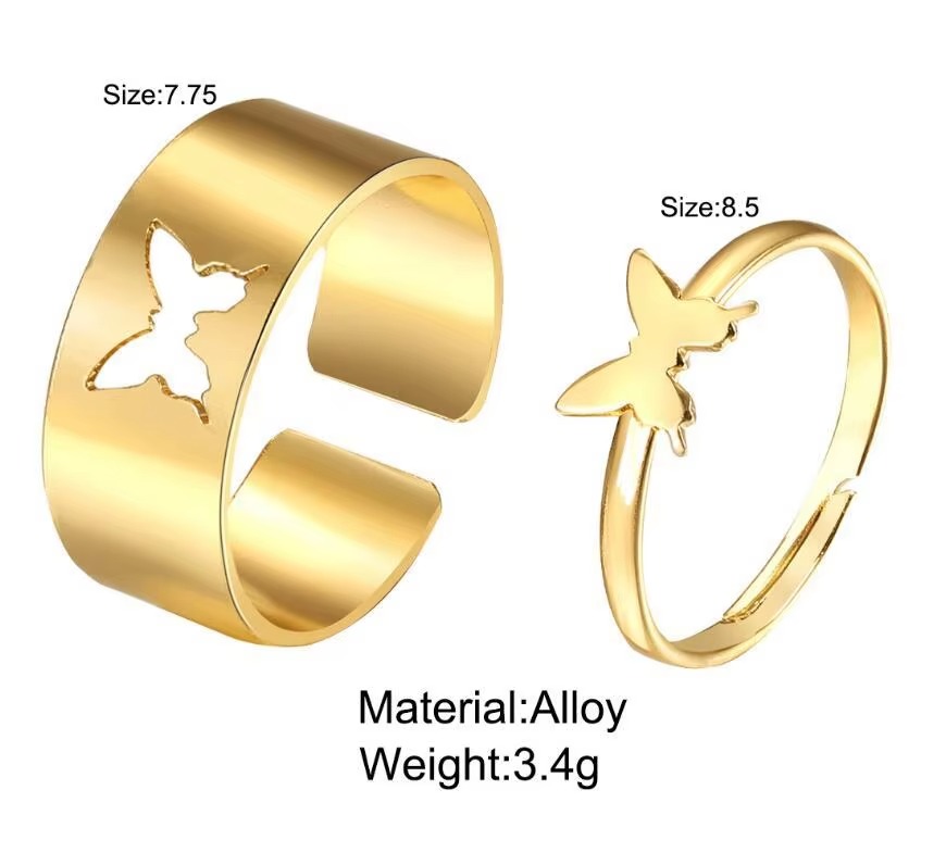 2 Pcs Adjustable Butterfly Couple Rings Set Golden Open Engagement Ring for Girls Boys