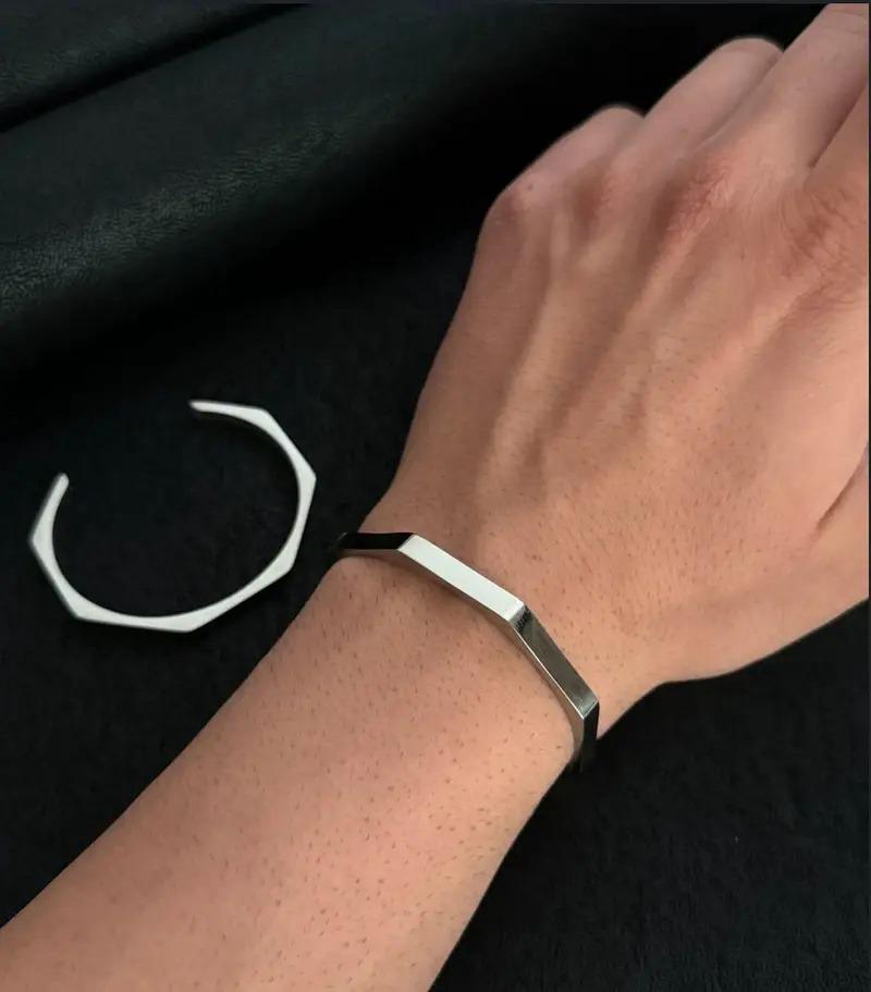 Men’s Hex cuff – Stainless Steel Open Bangle, Minimalist Silver Wristband, Fashion Jewelry