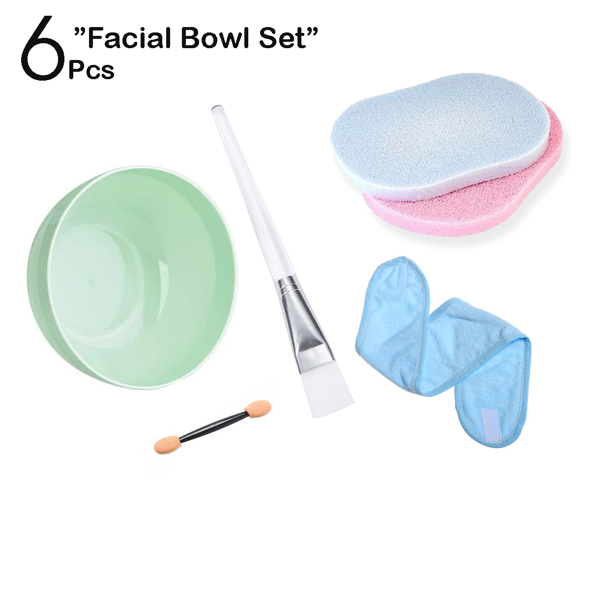 6 Pcs Facial Bowl Set - 2 Sponge Facial Cleansing and Makeup Remover Puff 1 Mask Mixing Bowl 1 Facial Brush 1 Eyeshadow Mini Lip and Eye Brush 1 Headband Hairband Hair Head Band - Complete Face Skin Care Kit