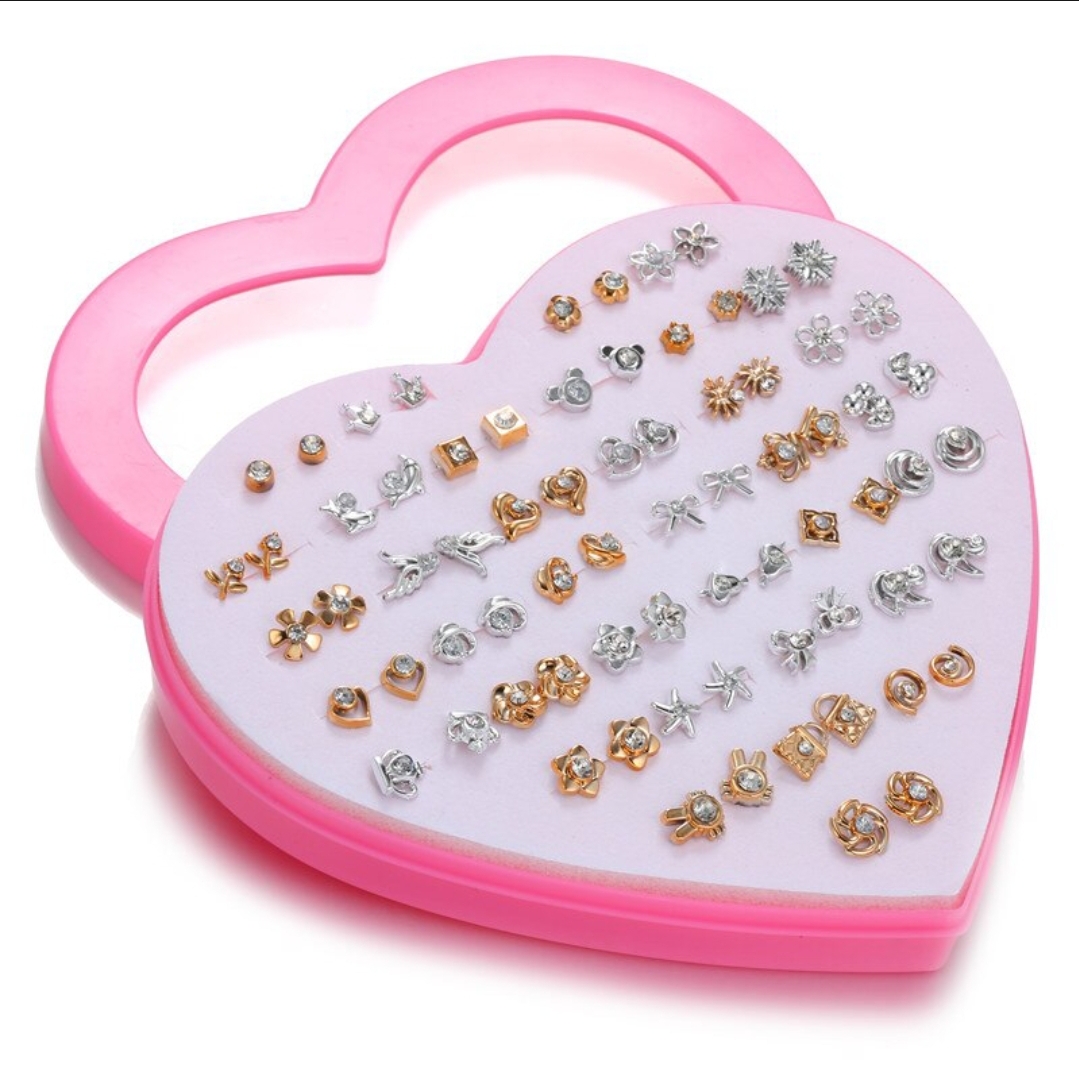 36 Pairs Earrings Set with Box – Random Stud Earrings (6/12/24 Pairs Without Box Option) | Cartoon Heart Shape Packaging | Hypoallergenic Plastic & Metal Earrings for Women & Girls