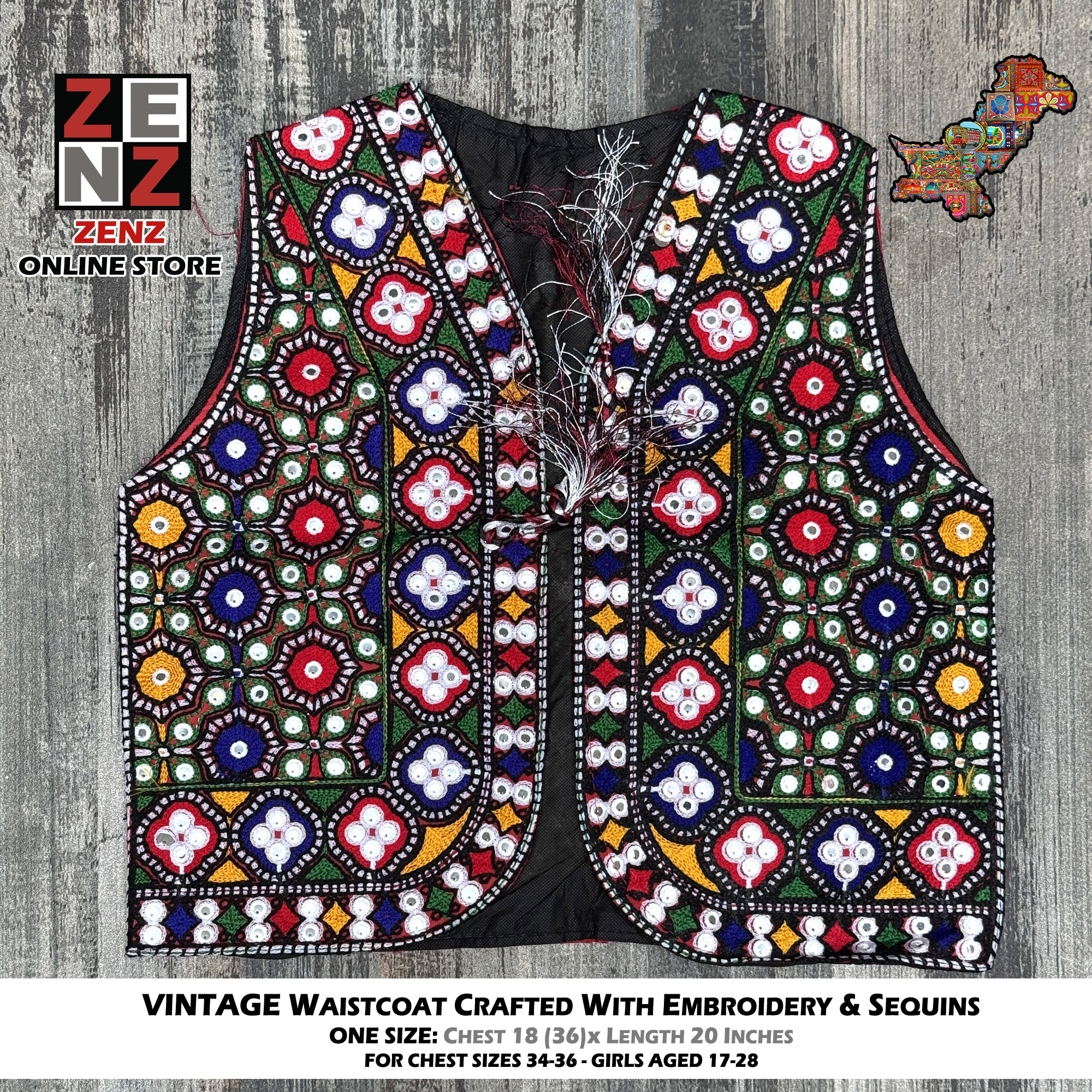 Pakistani Sindhi Traditional Cultural Wear Waistcoat Gilet Koti for Girls & Women Multicolour Embroidery Phulkari Embroidered