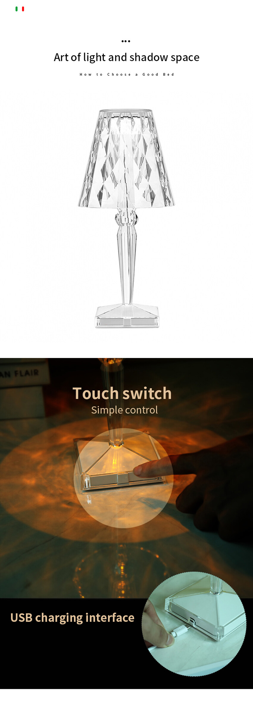 Vimite Touch Led Table Light Lamp Usb Rechargeable 3-Colors Dimming Crystal Diamond Desk Lamp Lampshade Night Light For Bedroom Room Bedside Home Decoration