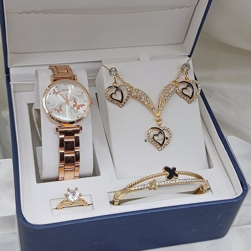 6PCS Luxury Women Watch & Jewelry Set | Steel Chain Quartz Watch with Heart Pendant Necklace, Earrings, Bracelet & Ring | Premium Gift Box for Girls & Women