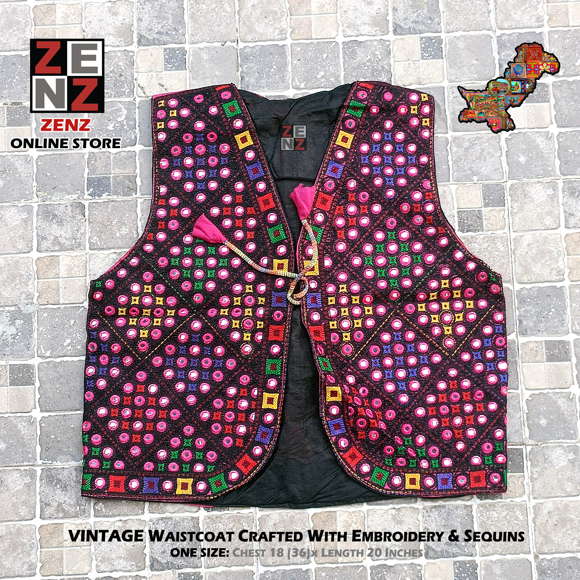 Pakistani Sindhi Balochi Pathan Kashmiri Traditional & Cultural Wear Waistcoat Koti Aari Embroidered Multicolor by ZENZ