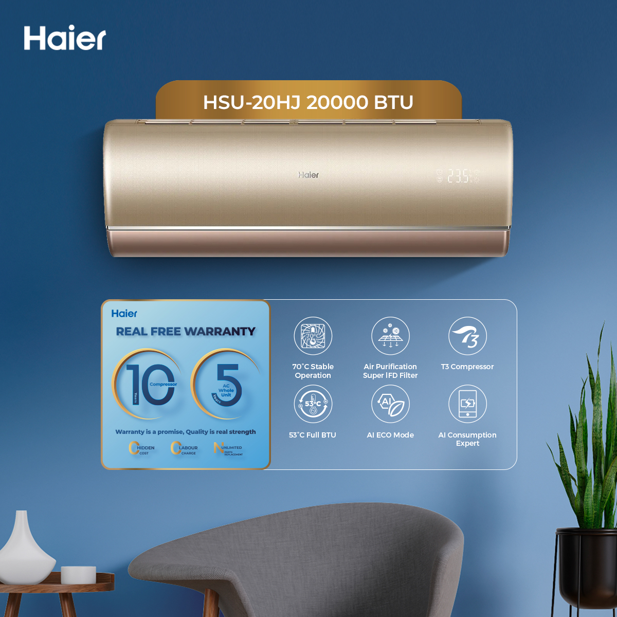Haier HSU-20HJ - Purifier T3 Plus Inverter 1.5 Ton DC Inverter- (20,000 BTU's)