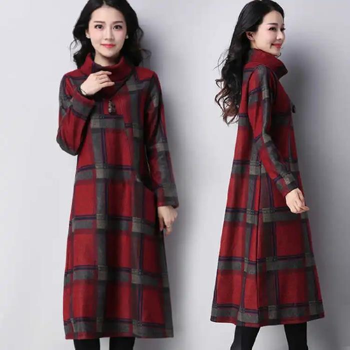 Women Long Sleeves Dress Vintage Plaid Round Neck Pullover Mid length Skirt Large Size Casual A line Skirt Daraz.pk