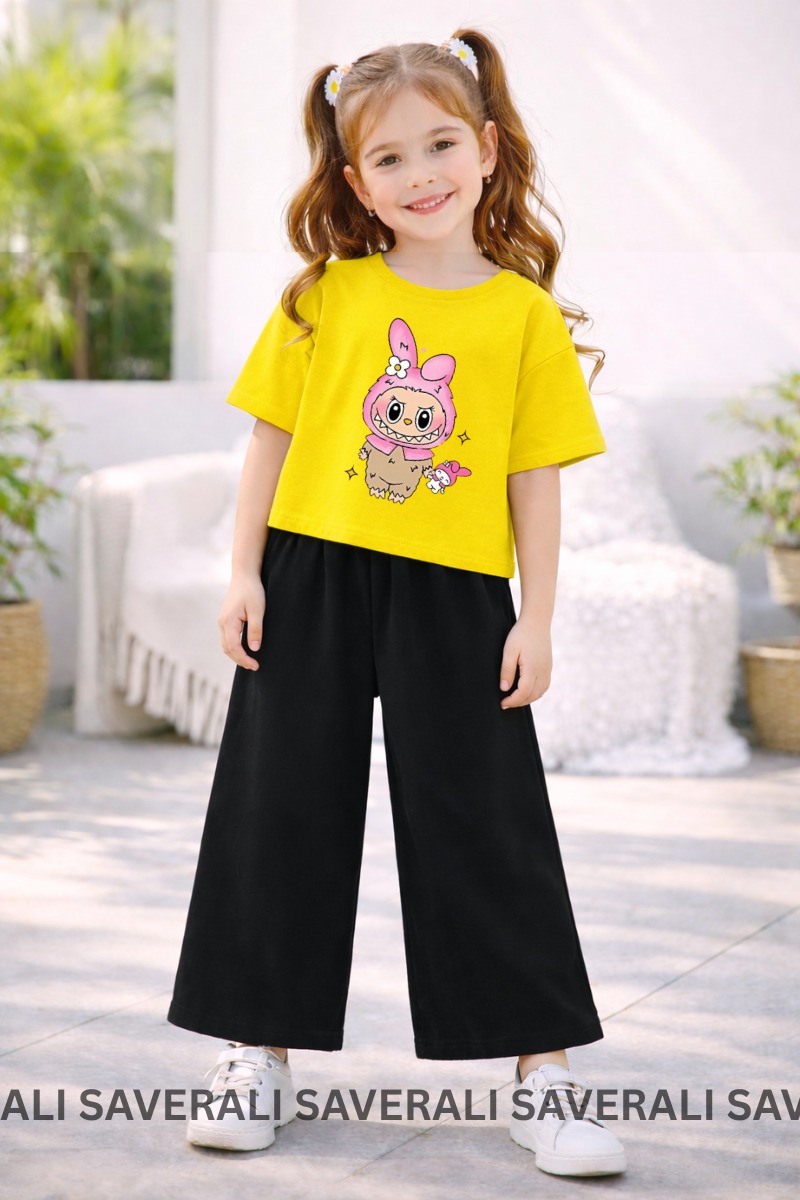 Eid Collection Kids Girls Labubu Printed T-Shirt & Flapper Suit | Soft Cotton | Cute & Comfortable | Ages 3–10 Years