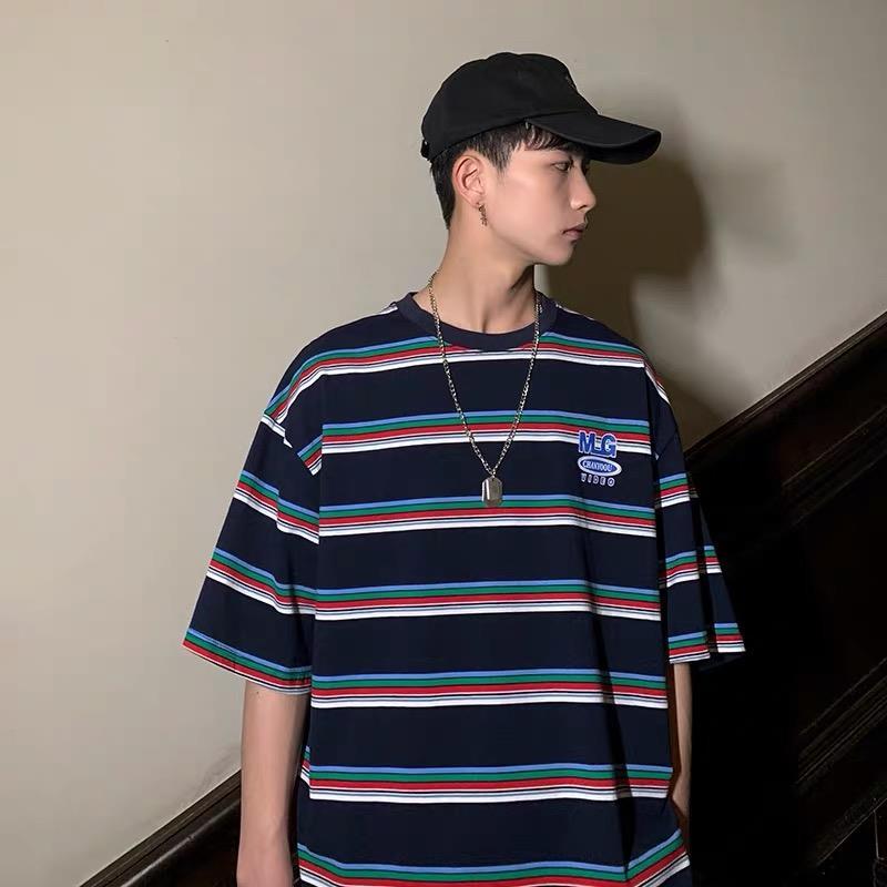 Korean men's striped oversized T shirt 