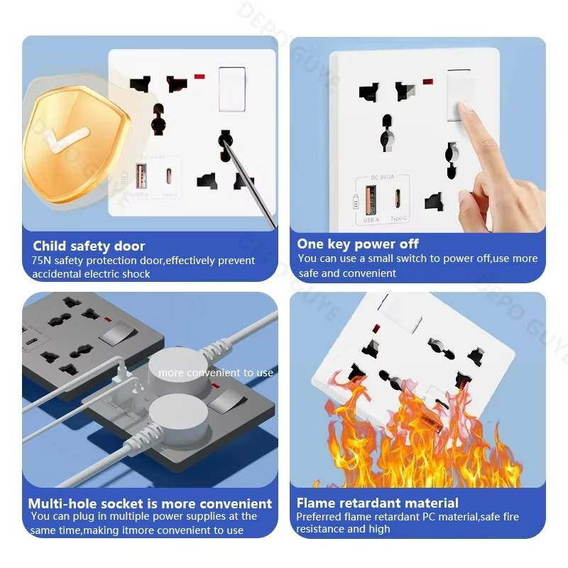Universal 6-pin Wall Socket panel,UK Electrical Outlet with DC 5V 3A Type-c USB Charger,Mobile phone charging Type C Wall Socket