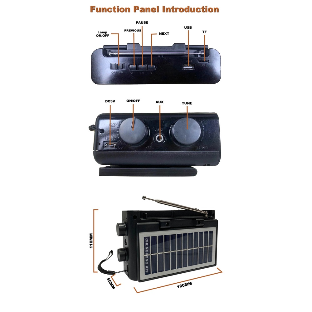 KTF-1645 Portable Wireless Radio Receiver | High Quality Solar Panel Multiband AM FM Radio USB TF Card Slot | Wireless BT Speaker Function with Built-in LED Torch Light | Rechargeable Outdoor Survival Music Box for Home Theater Sport Park Travel Accessory