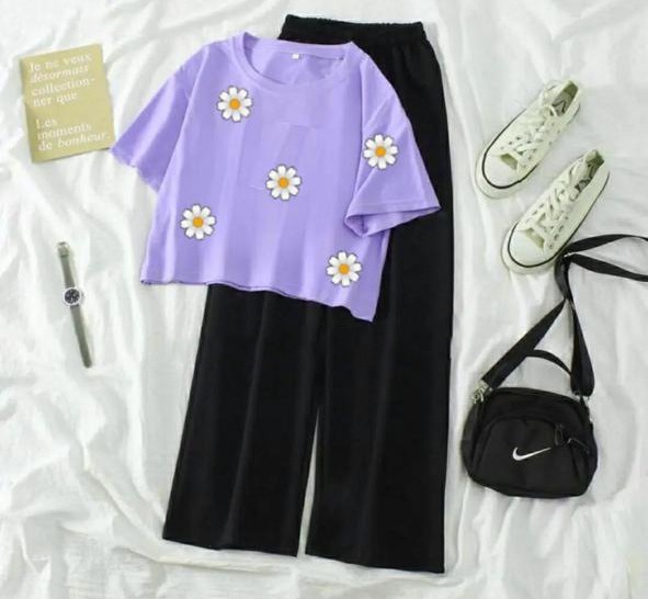 Summer  Crop Top T-shirt and Flapper Trouser Night Suit Set for Women and Girls