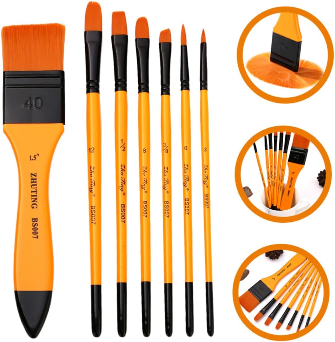 InstaOrder - 7Pcs Nylon Hair Synthetic Artist Paint Brushes – For Pigment Mixing, Acrylic, Water and Oil Painting with Wooden Handle