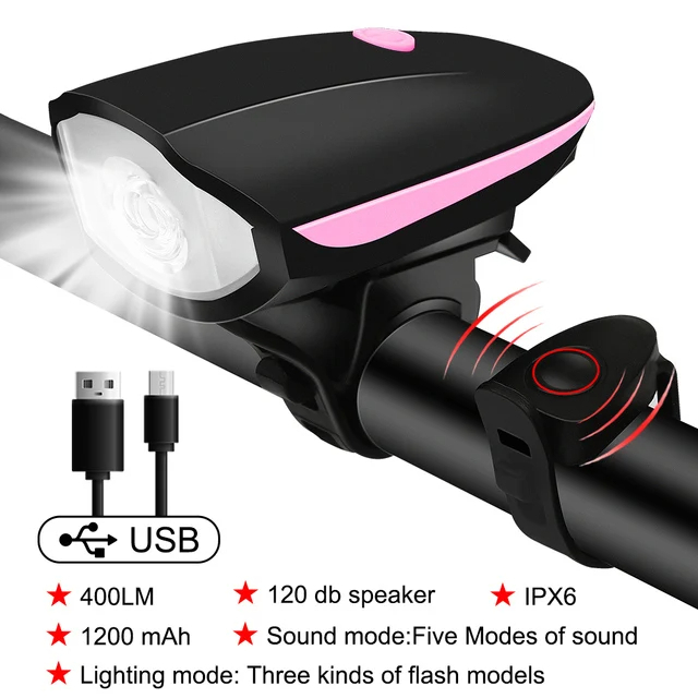 USB Rechargeable Bike Headlight with Sound & Light Modes, 400LM, IPX6 Waterproof, 1200mAh - Cycling Safety Accessory
