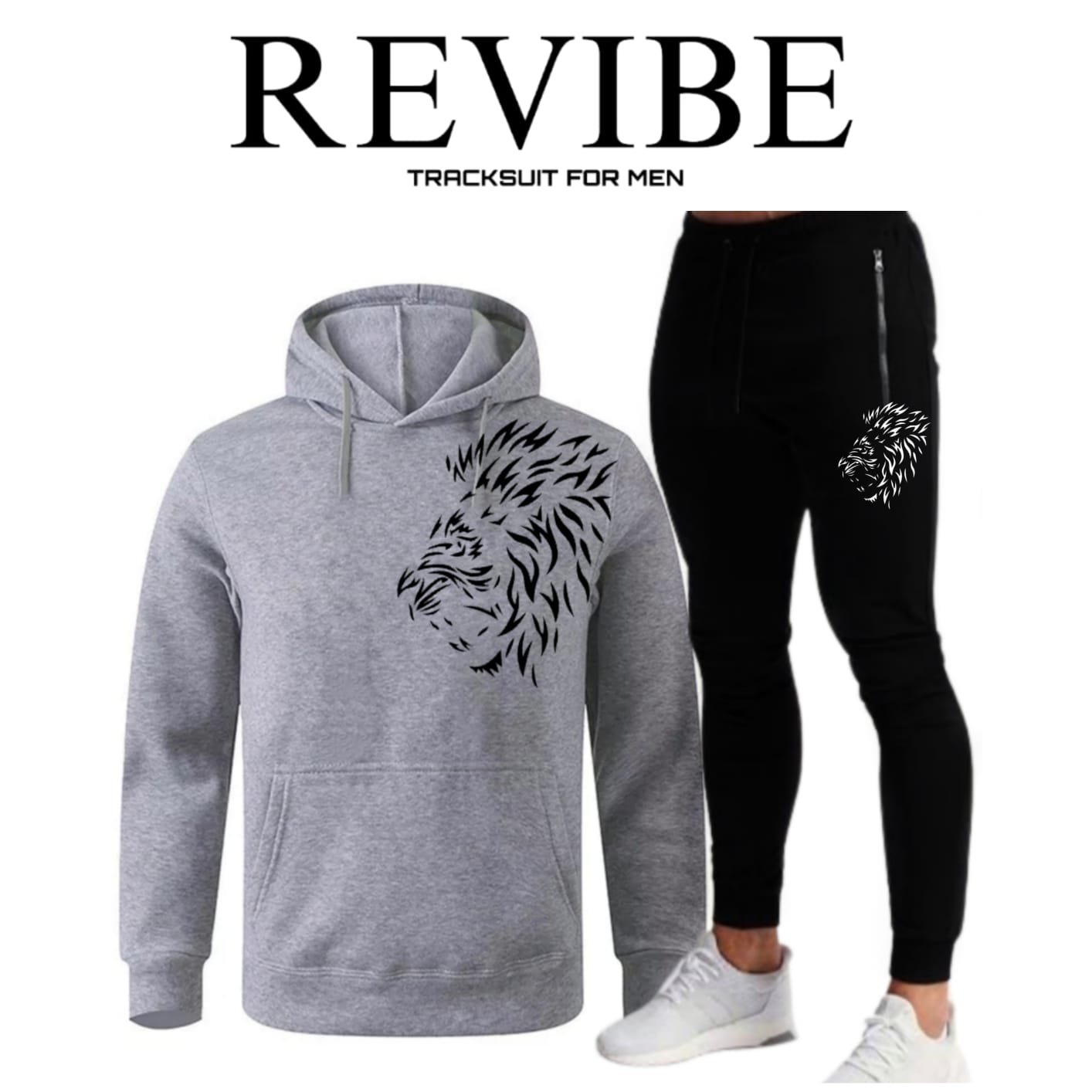 REVIBE - Black Lion Printed Tracksuit For Men - Hoodies For Men