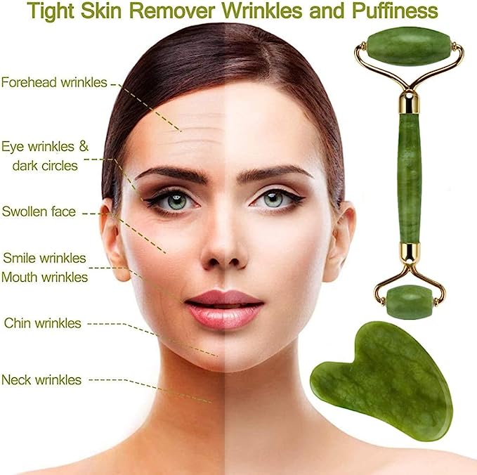 (Original Stone) Jade Roller and Gua Sha Set, Beyond Jade Face Roller - Face Massager, Facial Roller for Skin, Eyes, Neck - Noiseless Design - Jade Roller & Guasha Reduce Puffiness and Improve Wrinkles - Guasha Stone Self Care Gift for Man Women
