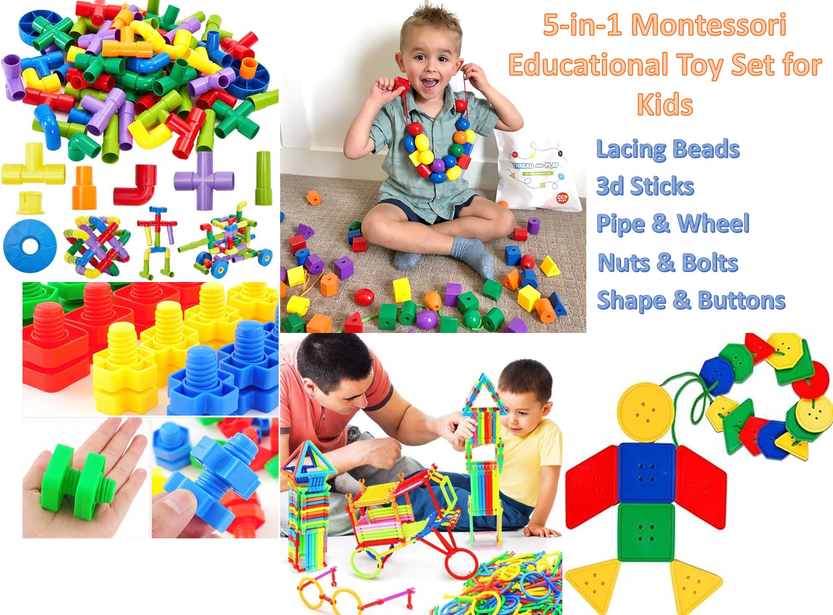 5-in-1 Montessori Educational Toy Set for Kids – Fine Motor Skills Building Blocks, Lacing Beads, 3D Sticks, Nuts & Bolts – Creative Learning & Construction Toys for Toddlers