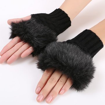 1 Pair/ 2 Pcs Fingerless Winter Gloves Thumb Hole Mittens Knitted Warm Gloves with Faux Fur | Wool Gloves Knitted Gloves | Fingerless Gloves Wool Knitted Gloves