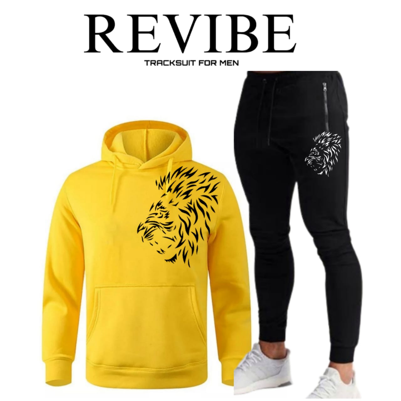 REVIBE - Black Lion Printed Tracksuit For Men - Hoodies For Men