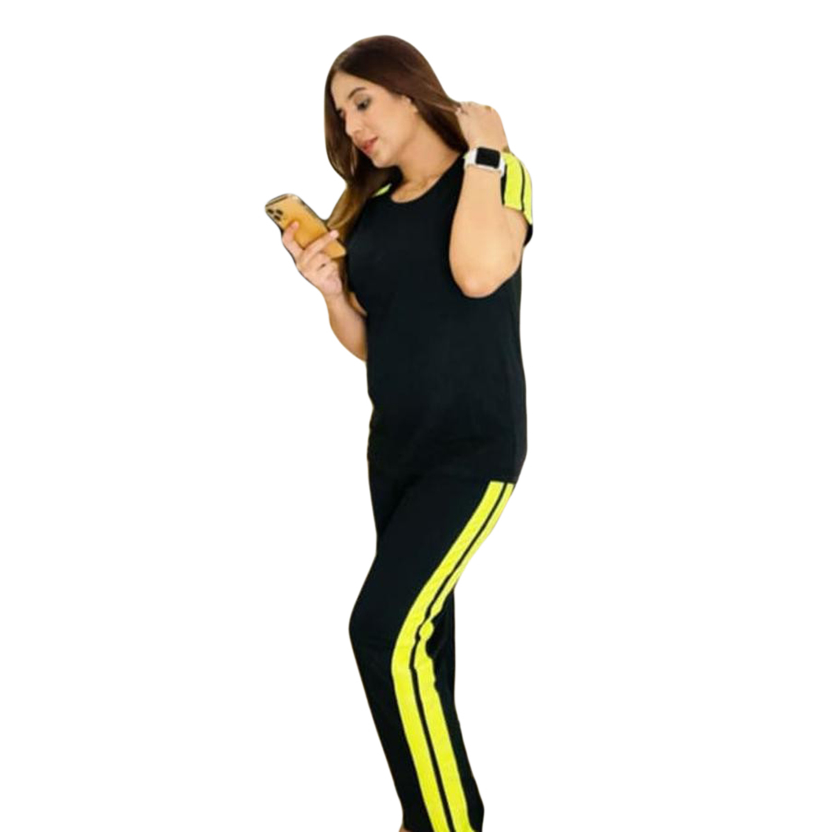 REXBAZAR - Plain Black with Green Stripes Half Sleeves T Shirt with Panel Pajama Suit for her