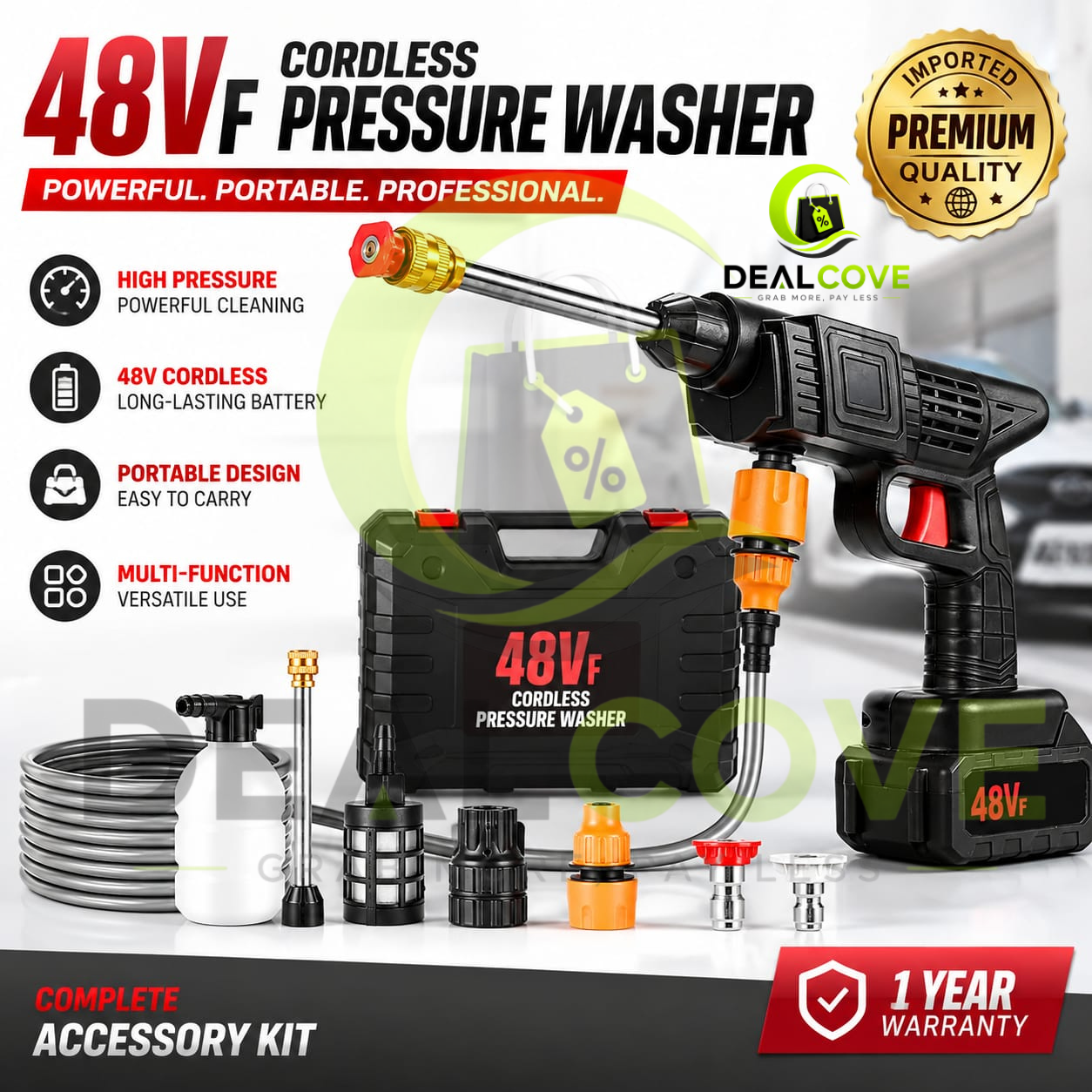 Single Battery Pressure Washer Gun –  48VF High Pressure Washer Gun – Rechargeable Cordless Water Spray Gun without Box | Portable Electric Power Washer for Car Wash, Solar Panel, Wall & Floor Cleaning | Strong Water Pressure Cleaner