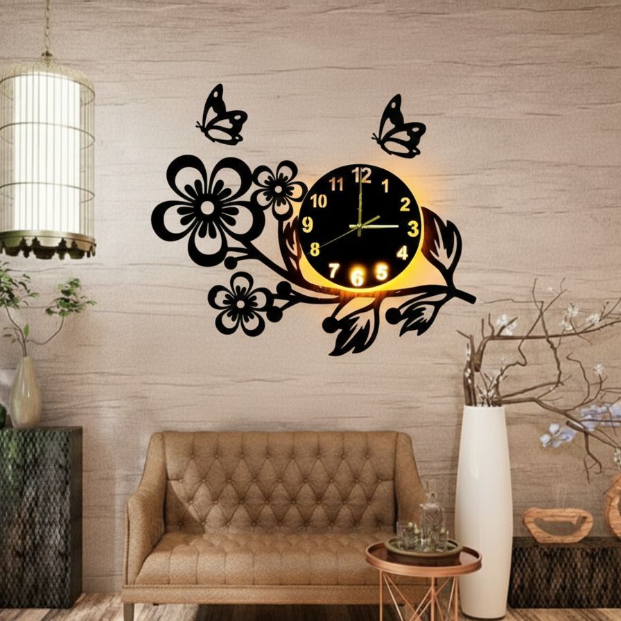 Big Led Flower wooden 3d Wall Clock for bedroom TV lounge