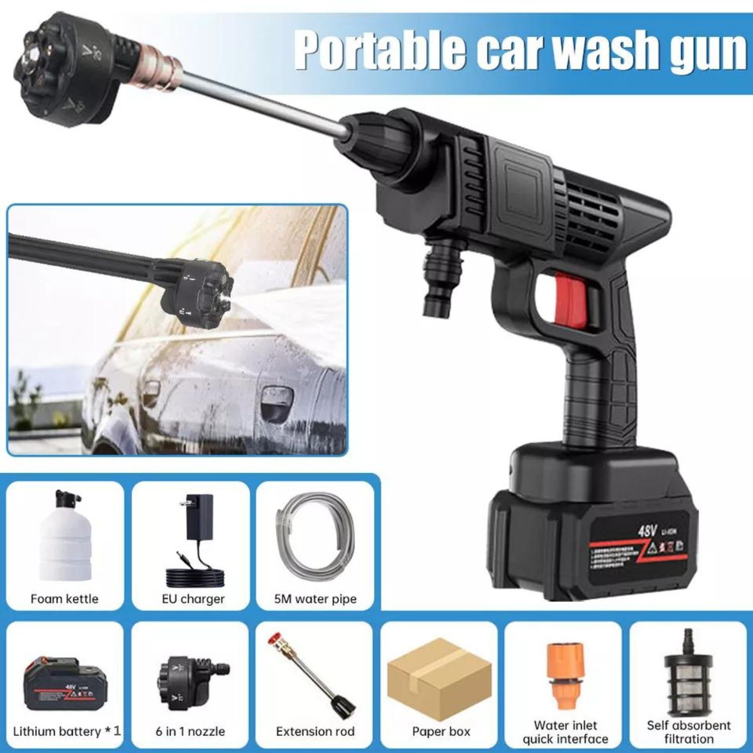Car Washer Gun - 48V Rechargeable Pressure Washer - Car Washer Pump - Pressure Washer Gun - 30Bar Portable Car Washer Gun High Pressure - Car Wash Spray Gun - Solar Panel Cleaner - Electric Pressure Pump Power Washer for Car/Fence/Wall/Floor Cleaning