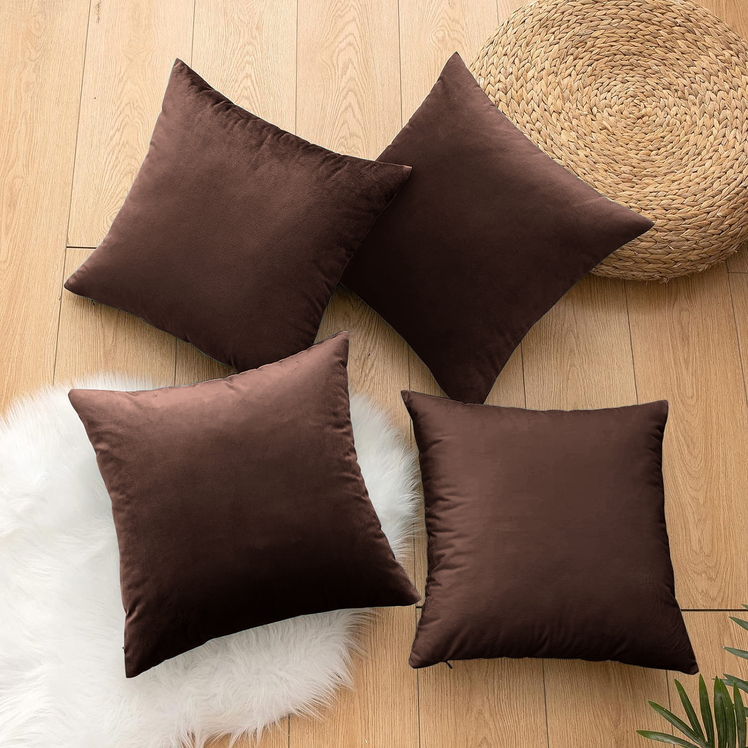 Pack of 4 Luxury Velvet Cushion Covers with Smooth Silk Back and Side Zip 16x16 Inch