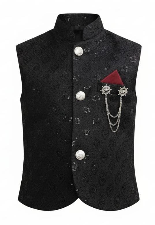 BLACK Embroidered SEQUIN WAIST COAT With Brooch For Kids & Mens | Wedding Special | Premium Quality Waistcoat | Wedding Special | Premium Quality Waistcoat-All Size Available Here