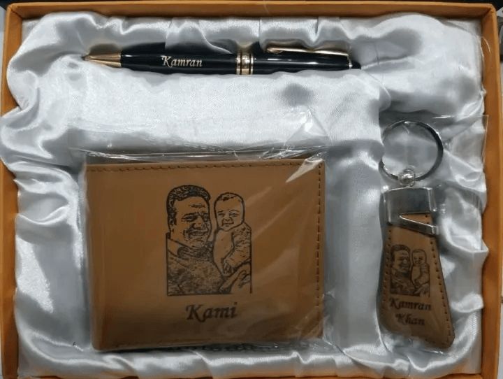 Customized Laser Sketch Photo & Name Men's Wallet, Pen & Keychain 3-in-1 Gift Box Set - Personalized Picture Line-Art Engraved Executive Combo Gift Pack for Men, Husband, Father, Boss