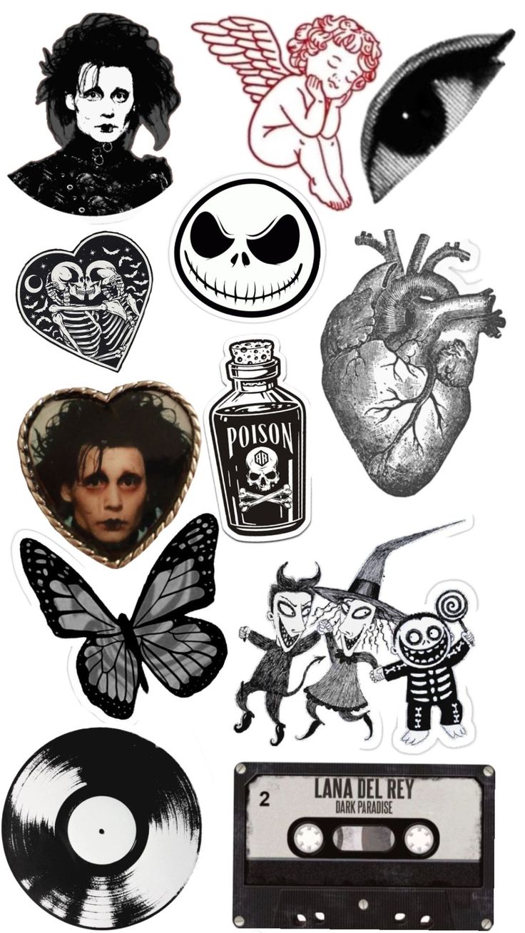 Gothic Stickers Pack - Dark Aesthetic Stickers for Laptop, Phone, Diary | Edward Scissorhands, Skeleton, Angel, Poison Bottle | Black & White Grunge Stickers price in Pakistan