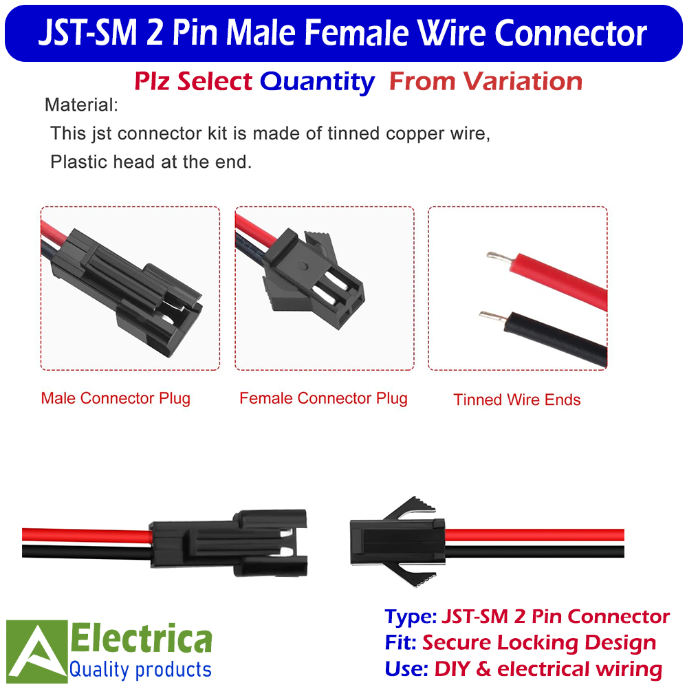 5/15/50 Pairs Mini Micro JST-SM 2 Pin Plug Connector, Micro Electrical Male and Female Wire Cable Connector by Electrica