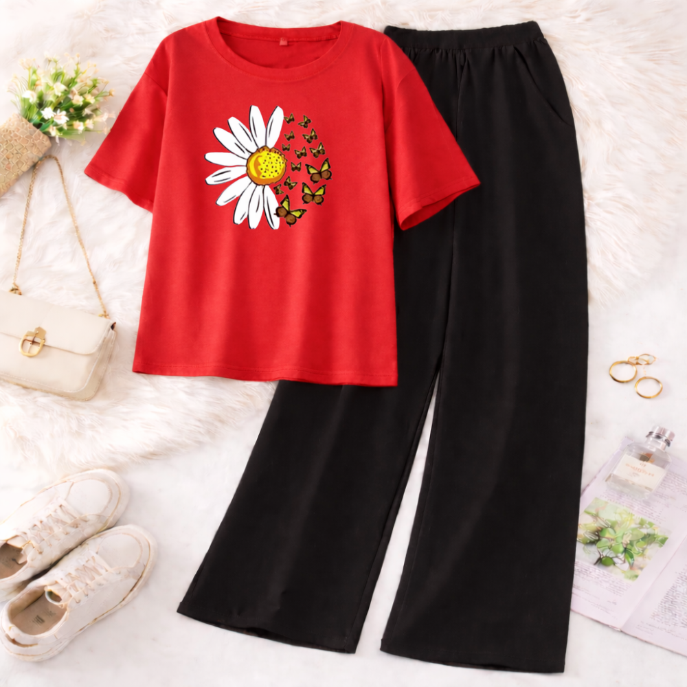 ZRK Garments -  2 Piece Set For Women Sunflower Printed Half Sleeves T Shirt with Trouser Soft Jersey Fabric Casual Daily Wear For Girls and Kids