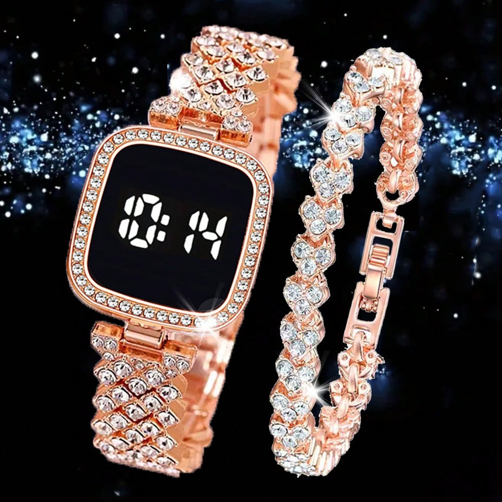 Watch for Girls Diamond Touch Screen LED Watch for Ladies –Jewellery For Girls Style in Stainless Steel Chain Digital Wristwatch for Women's – Stylish Fashion Watch For Girls With Bracelet in Silver Stone Round & Square Dial Shape For Gift