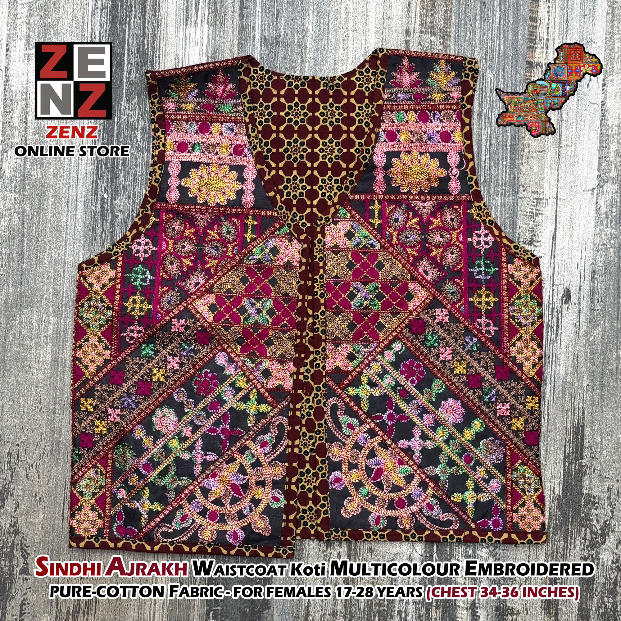 Sindhi Ajrak Traditional & Cultural Party Wear Embroidered Cotton Gilet Waistcoat Koti for Females Girls Women by ZENZ