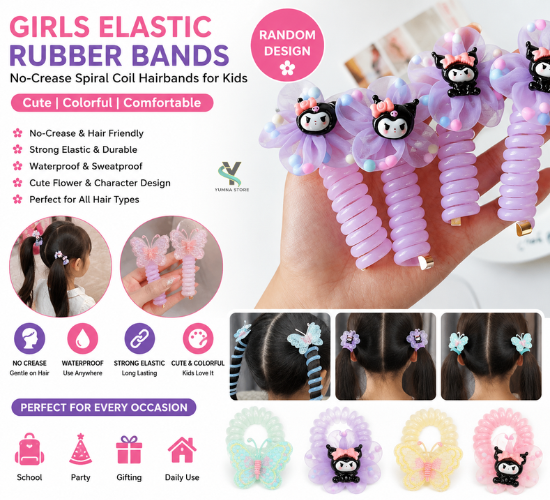 4 Pcs Girls Elastic Rubber Bands | No-Crease Spiral Coil Hairbands for Kids | Waterproof Phone Cord Scrunchies & Colorful Telephone Wire Hair Ties – Cute Flower Hair Accessories & Headbands(RANDOM DESIGN)