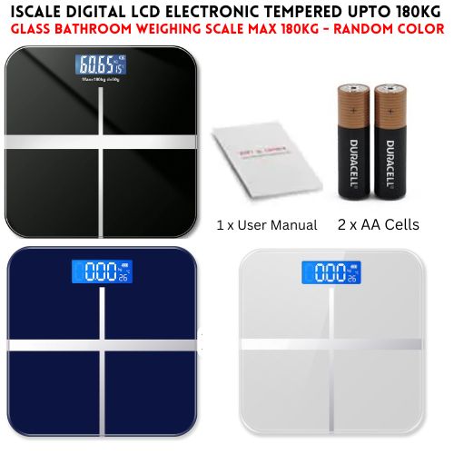 Upto 180kg iScale Rechargeable Weight Machine - 8mm Tempered Glass - Digital Heavy Duty Electronic Weighing Scale with Dual LED Display - Heavy Electric Weight Machine With Durable Steel Quality - For Home & Personal Use - Black//Blue/Silver