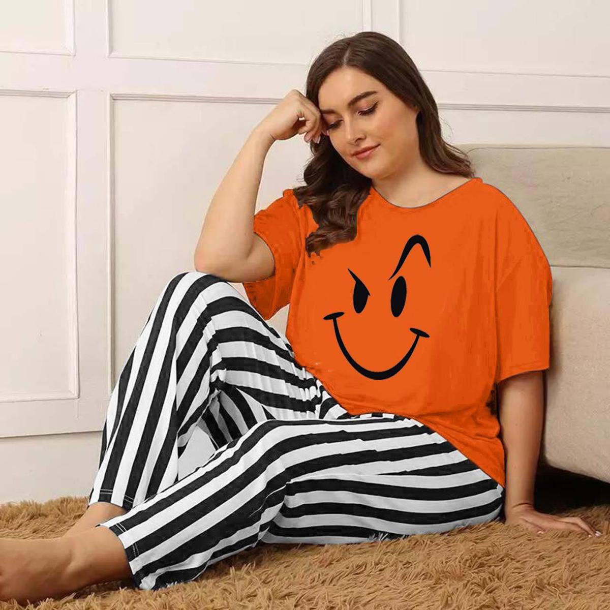 Summer Smiley Printed Half Seleeves Ladies Sleep Wear Night Dress (Complete Sleeping Suit) For Women And Girls