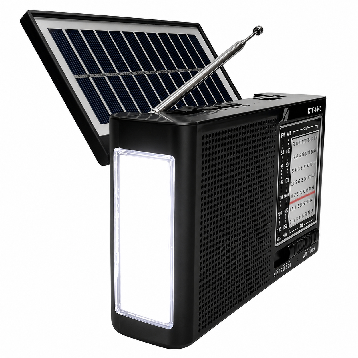 KTF-1645 Portable Wireless Radio Receiver | High Quality Solar Panel Multiband AM FM Radio USB TF Card Slot | Wireless BT Speaker Function with Built-in LED Torch Light | Rechargeable Outdoor Survival Music Box for Home Theater Sport Park Travel Accessory