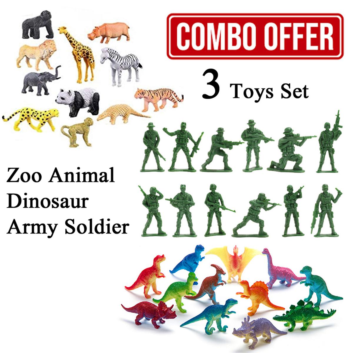 Combo Deal Complete 3 Toys Set - Mini Army Soldier Military Force Action Figure - Tiny Dinosaur World Jurassic Park -  Wild Animal Jungle Zoo - Toy For Kids Boys and Girls -  Educational Toys Set